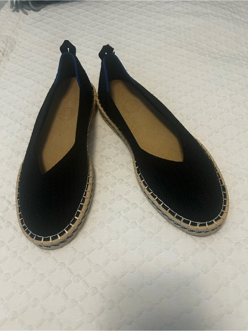 Rothy's Black Knit Espadrille Flats with Tan Jute Trim
